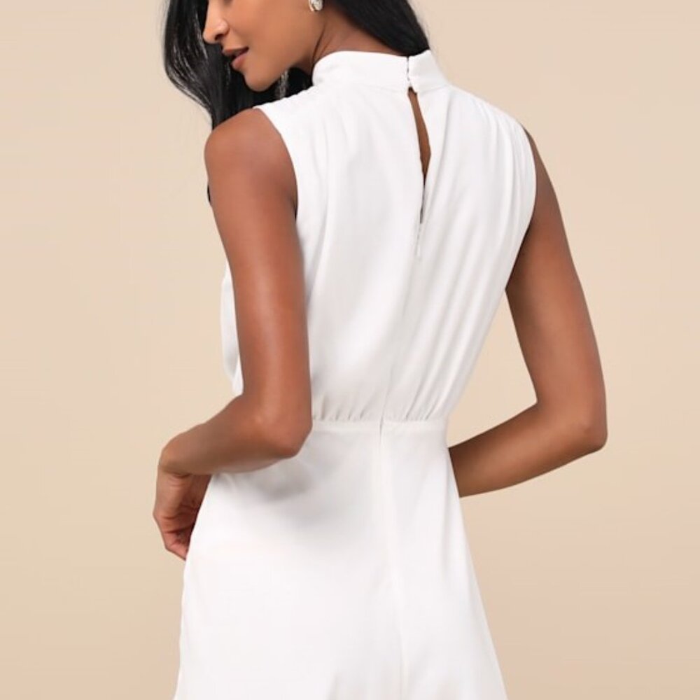 Lulus Classic Elegance White Chiffon Sleeveless Mock Neck Mini Dress - Size M